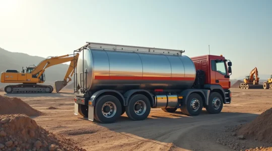 Container station carburant mobile sur chantier BTP, vue large sur site isolé avec engins de travaux