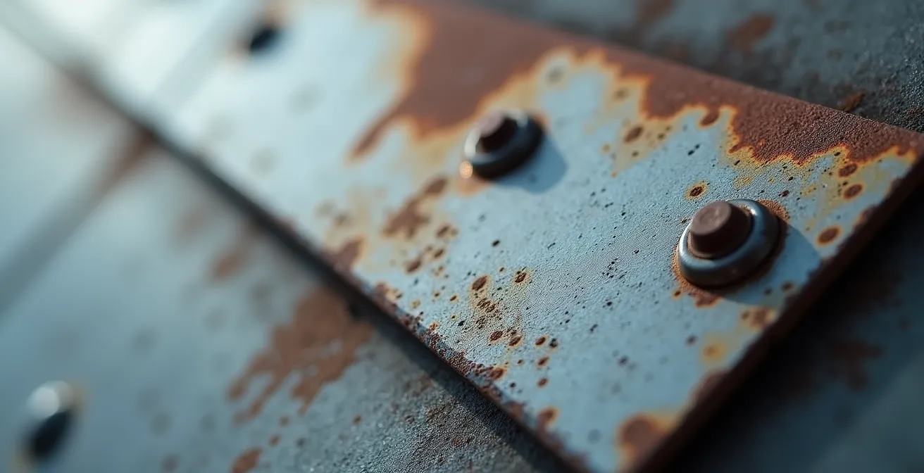 Gros plan macro sur texture d'acier galvanisé avec soudures et rivets, surface industrielle robuste