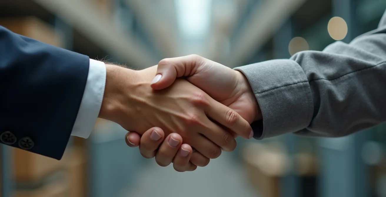 Poignée de main professionnelle entre deux personnes en gros plan, symbolisant un accord commercial stratégique