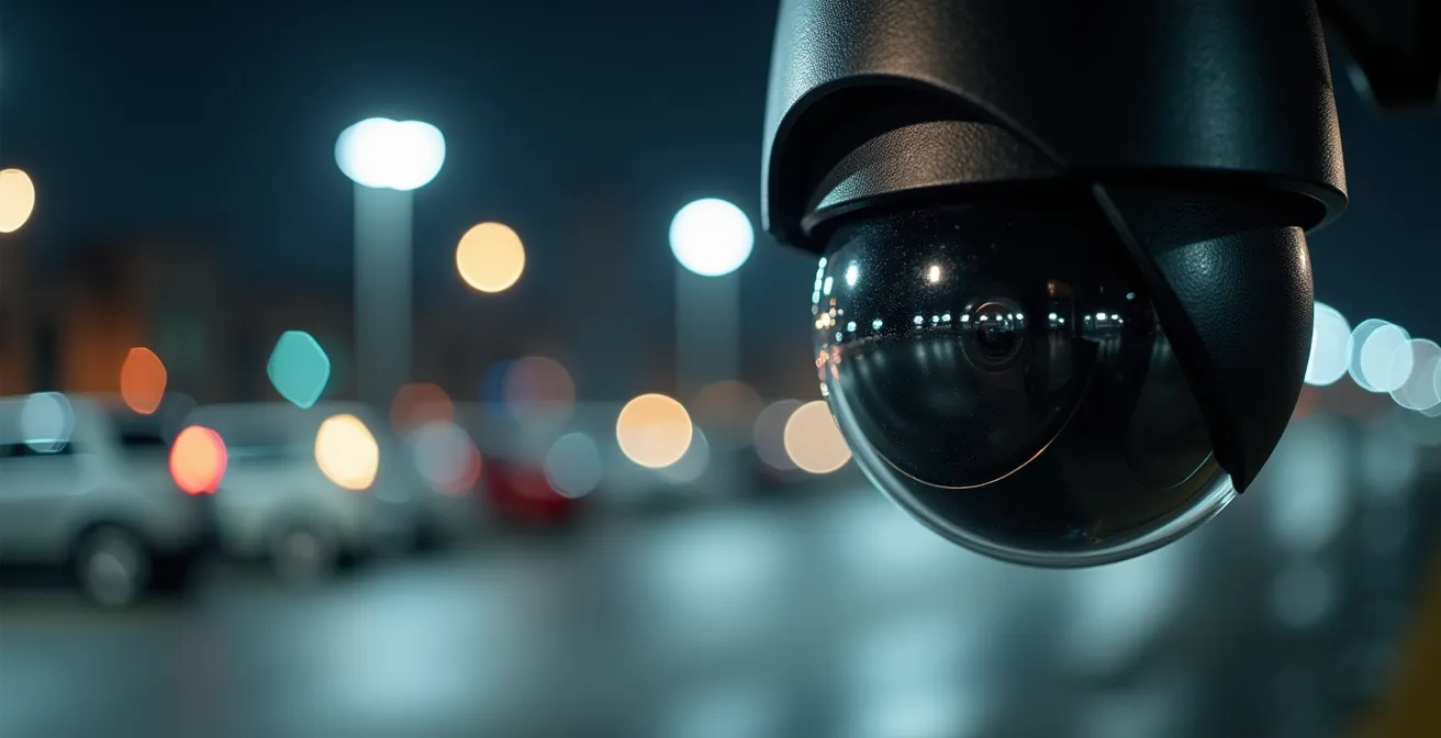 Détail d'une caméra de surveillance sur parking poids lourds