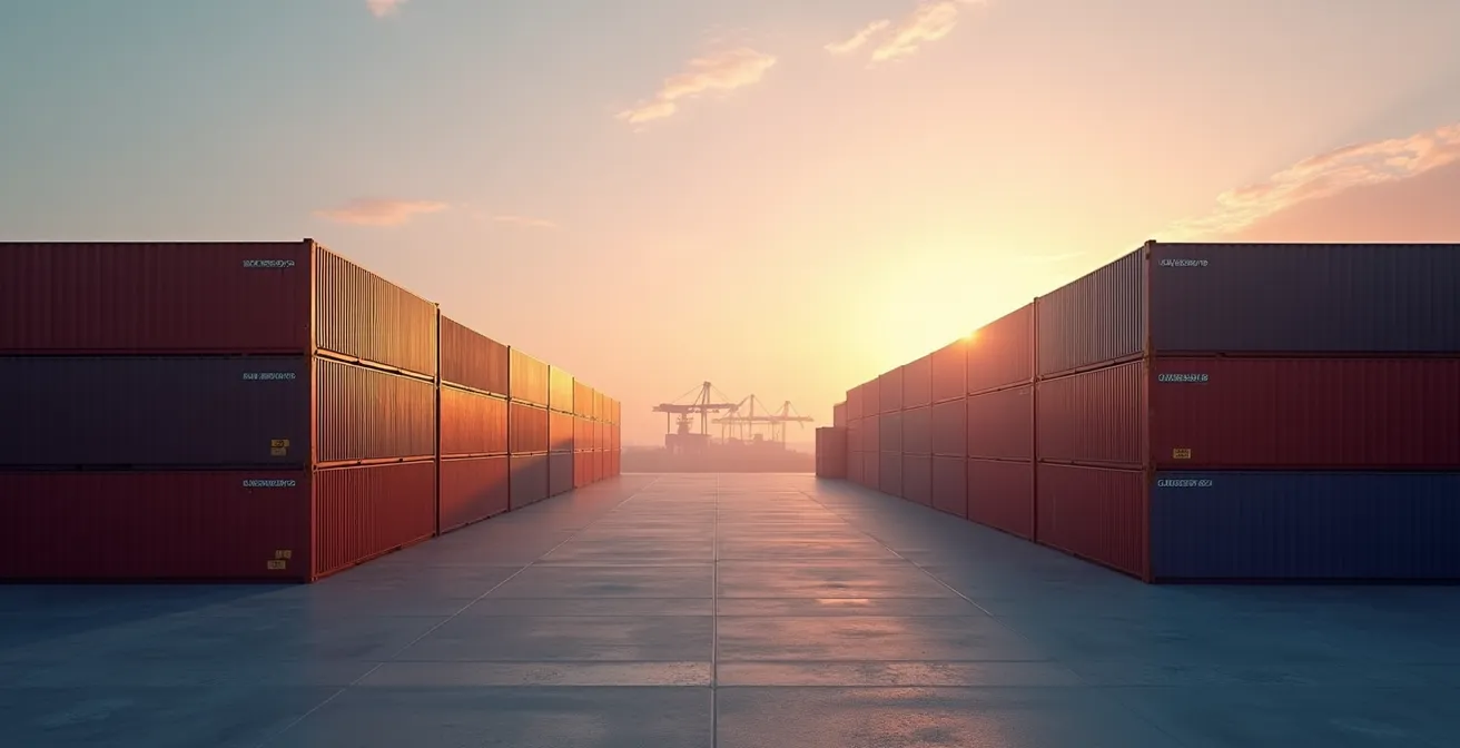 Vue large d'un terminal à conteneurs au crépuscule avec espaces négatifs